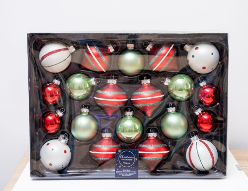 Набор стеклянных шаров Christmas Candy: Wonderful Time, красный, белый и зелёный, 4-6 см, 20 шт., Winter Deco фото 3