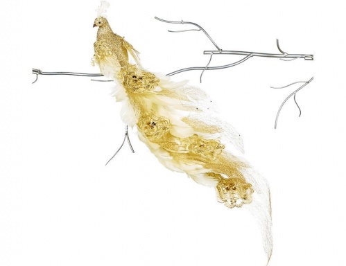 Новогоднее украшение "Бальный павлин" на клипсе, перо, текстиль, кремовый с золотым, 56 см, Goodwill