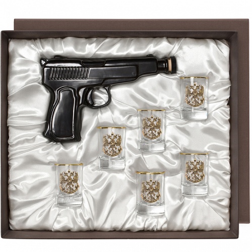 Набор штоф-Пистолет и 6 стопок (низкие, золотая кайма) Герб (латунь) "Настоящий мужчина" в подарочной коробке фото 4