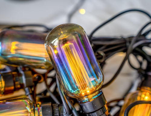 Светодиодная гирлянда из лампочек Party Lights - БАРАТОЛЛИ 'бензиновая', 20 тёплых белых LED-огней, 10 м, коннектор, чёрный провод, уличная, Winter Deco фото 2