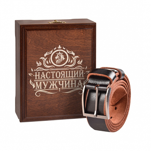 Ремни с отделкой "Настоящий мужчина" (лев), черный, в деревянной шкатулке - Размер футляра 7/18/14 см, доступные цвета: Синий, Серый, Коричневый фото 2