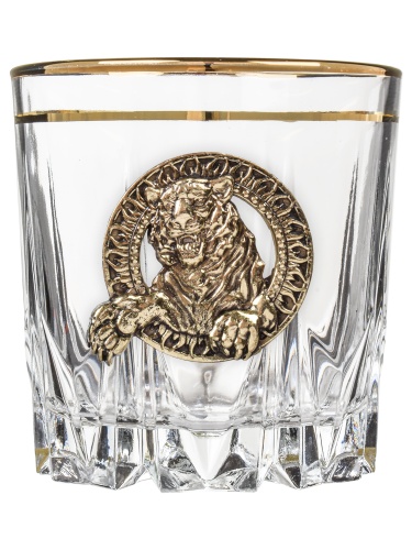 Набор бокалов для виски Карат с золотой обводкой ( 4 шт.) с накладкой "Тигр" латунь, упаковка пейсли,ложемент,шелк фото 2