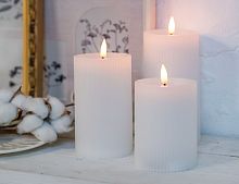 Светодиодные восковые свечи ПИЛАР, белые, тёплые белые LED-огни мерцающие, "натуральный фитилёк", 7.5х10/12.5/15 см, таймер, 3 шт., батарейки, Edelman