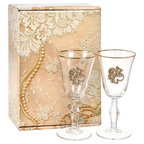 Набор бокалов для вина/шампанского (2 шт) "Ретро" с накладкой "Овен" в подарочной картонной упаковке, ложемент золотистый шелк