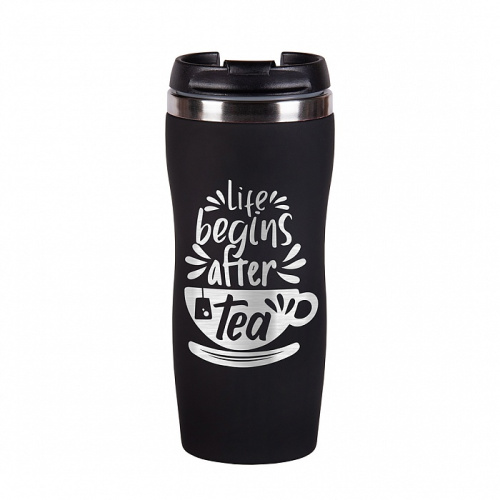 Термокружка "Life Begins After Tea" в красном и чёрном цветах, изготовленная из нержавеющей стали, представленная в подарочной упаковке фото 3