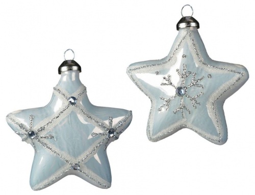 Набор ёлочных украшений "Зимнее очарование" (звёздочки со снежинками), стекло, белый, 8 см, 2 шт, Kaemingk фото 2
