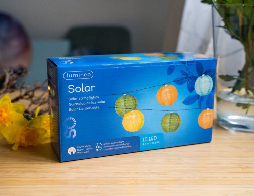 Садовая гирлянда Solar ЧАЙНА-ЛАЙТ на солнечной батарее, тёплые белые LED-огни, 10 плафонов (зелёные, жёлтые, белые, голубые), 4.5+3 м, Kaemingk (Lumineo) фото 2