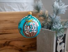 Стеклянный ёлочный шар ЗОДИАК: КОШЕЧКА И ЗАЙЧИК В КОРЗИНЕ, 85 мм, Елочка