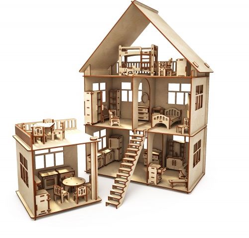 Конструктор-кукольный домик ХэппиДом "Коттедж с пристройкой и мебелью" из дерева