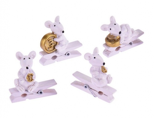 Набор декоративных прищепок "Денежный мышонок", полистоун, белый, 4 см (4 шт.), разные модели, Koopman International