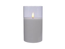 Электрическая восковая свеча "Фьёга" в стеклянном стакане, белая, тёплый белый мерцающий LED-огонь, 'натуральный фитилёк', 7.5x12.5 см, таймер, Kaemingk