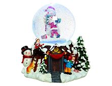 Снежный шар музыкальный ТАНЕЦ СНЕГОВИКА С ДЕТИШКАМИ, 2 меняющих цвета LED-огня, динамика, снежный вихрь, 21 см, батарейки, Kaemingk (Lumineo)