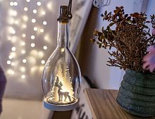 Новогодний светильник бутыль "Лесной олень", белый, стекло, дерево, тёплый белый LED-огонь, 9х9х22 см, батарейки, Peha Magic
