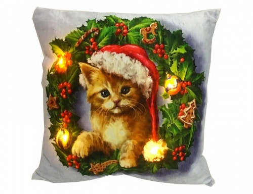 Светящаяся подушка "Новогодний котёнок", 4 тёплых белых LED-огня, 45х45 см, Peha Magic
