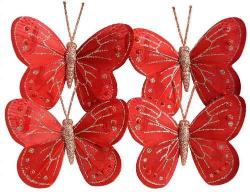 Набор "Бабочки-красавицы" на проволоке, красные, перо, 8х6 см (упаковка 4 шт.), Kaemingk
