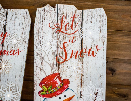 Настенное светящееся  панно CHRISTMAS TIME - СНЕГОВИК, дерево, 6 тёплых белых LED-огней, 21x60 см, таймер, батарейки, Kaemingk фото 6