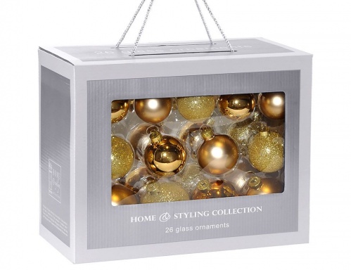 Набор стеклянных шаров "Праздничный аккорд", золотой, 26 шаров разных диаметров и фактуры, Koopman International