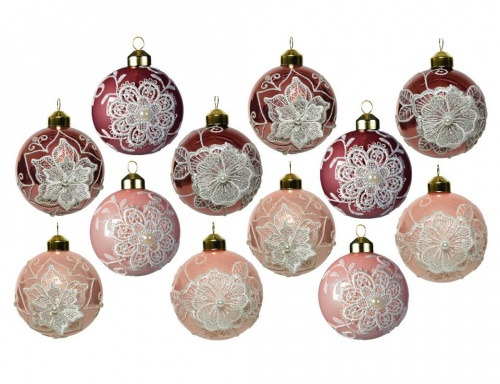 Набор стеклянных шаров "Цветы кружевницы", нежно-розовый и розовый бархат, 8 см, упаковка 12 шт, Kaemingk
