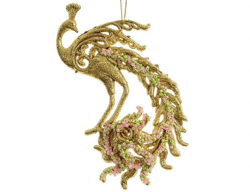 Ёлочное украшение "Романтичный павлин" акрил, с бисером, золотой, 15 см, KAEMINGK