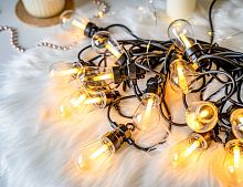 Светодиодная гирлянда из лампочек Party Lights – ЭДИСОН-ПАТИ, 20 тёплых белых LED-огней, 10 м, коннектор, чёрный провод, уличная, Winter Deco