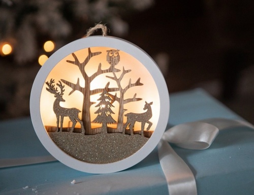 Светящийся медальон "Добрый лес - олени и сова", 4 тёплых белых LED-огня, 3х14 см, таймер, батарейки, Kaemingk