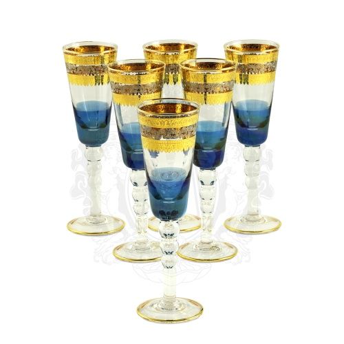 ADRIATICA Бокал для шампанского, набор 6 шт, хрусталь голубой/декор золото 24К/платина фото 2
