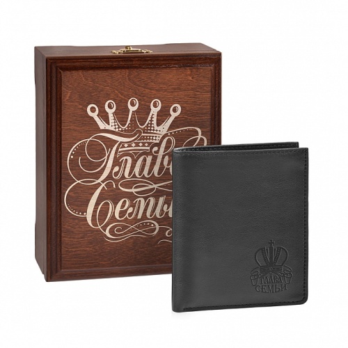 Бумажник мужской, черный, "Глава Семьи", в деревянной шкатулке с гравировкой "Глава Семьи" (корона стандарт) фото 2