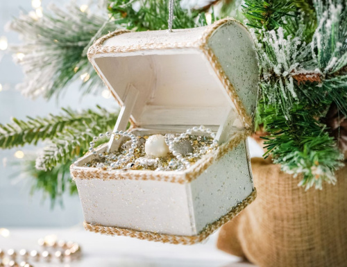 Ёлочная игрушка ЖЕМЧУЖНЫЙ СУНДУЧОК, металл, картон, 11 см, Winter Deco фото 2