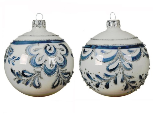 Стеклянные ёлочные шары ГЖЕЛЬСКИЕ МОТИВЫ, белые, 8 см (упаковка 6 шт.), Kaemingk (Decoris) фото 2