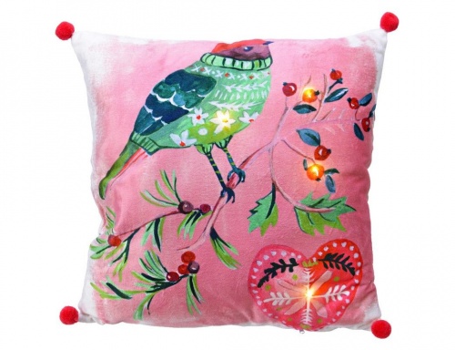 Светящаяся подушка "Птичка в розовом лесу", 4 тёплых белых LED-огня, 45х45 см, батарейки, Kaemingk