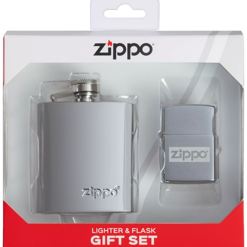 Набор Zippo: фляжка 89 мл и ветроустойчивая зажигалка Brushed Chrome, серебристая