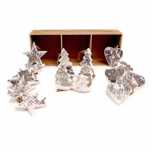 Украшения подвесные silver stars/trees/hearts, деревянные, в подарочной коробке, 24 шт. фото 2