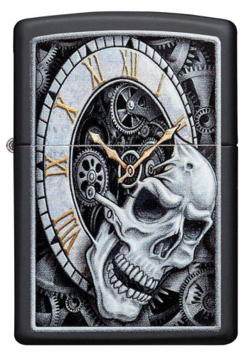 Зажигалка Zippo Skull Clock Design с покрытием Black Matte, латунь/сталь, чёрная, матовая, 36x12x56 фото 5