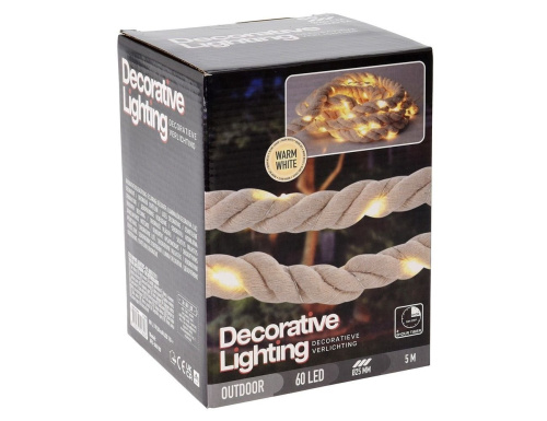 Светодиодная гирлянда ОСЬЕР, 60 теплых белых LED-огней, 4+1 м, таймер, батарейки, канат, уличная, Koopman International фото 4