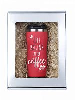 Термокружка "Life Begins After Coffee" в красном и чёрном цветах, изготовленная из нержавеющей стали, представленная в подарочной упаковке