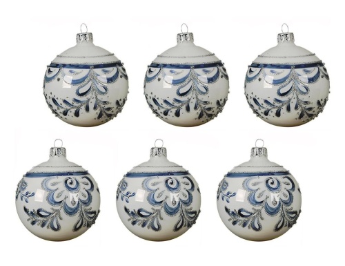 Стеклянные ёлочные шары ГЖЕЛЬСКИЕ МОТИВЫ, белые, 8 см (упаковка 6 шт.), Kaemingk (Decoris)