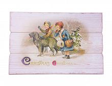 Панно "Винтажная открытка - дети с собакой везут ёлку", дерево, 1.8x40x60 см, Kaemingk