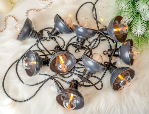 Светодиодная гирлянда Party Lights - РЕТРО-ФОНАРИКИ, 10 экстра тёплых белых LED-огней, 5 м, коннектор, чёрный провод, уличная, Winter Deco фото 2
