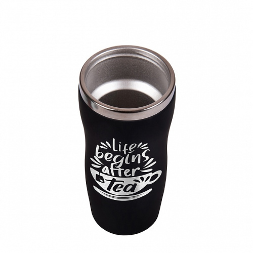 Термокружка "Life Begins After Tea" в красном и чёрном цветах, изготовленная из нержавеющей стали, представленная в подарочной упаковке фото 6