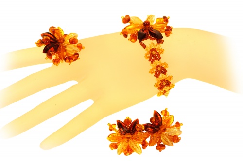 Кольцо в форме цветка из натурального янтаря и бисера, 50681 фото 2