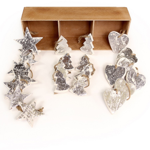 Украшения подвесные silver stars/trees/hearts, деревянные, в подарочной коробке, 24 шт. фото 10