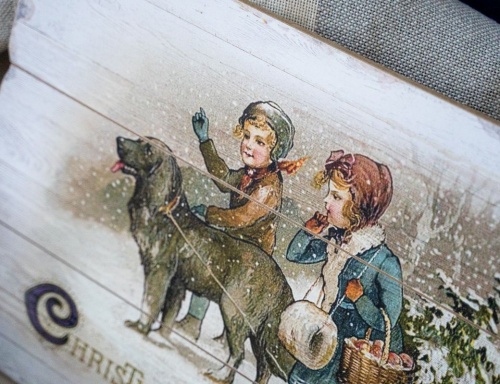 Панно "Винтажная открытка - дети с собакой везут ёлку", дерево, 1.8x40x60 см, Kaemingk фото 3