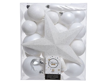 Набор однотонных елочных шаров и украшений "Новогодний", цвет: белый, упаковка 33 шт., Kaemingk