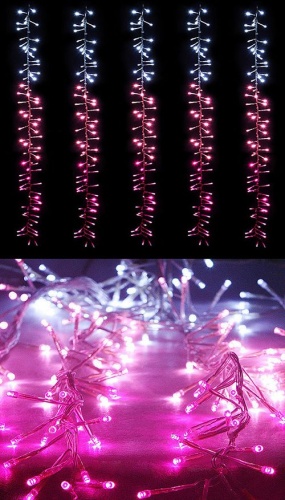 Светодиодная бахрома "Бегущий огонь" (Cluster lights), 320 холодных белых-нежно-розовых-розовых LED ламп, 2,0x1,0м, прозрачный силиконовый провод, уличная, BEAUTY LED