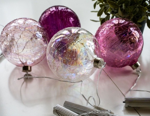 Светящийся шар ДЖИЛЬЯ, стекло, прозрачный перламутр, 8 микро LED-огней, 10 см, батарейки, таймер, Boltze фото 3