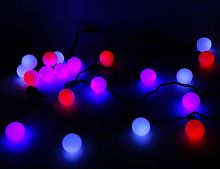 Светодиодная гирлянда "Большие" шарики ТРИКОЛОР, 20 белых, синих и красных LED, 5 м, коннектор, черный провод, уличная, Rich LED