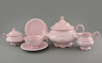 Чайный сервиз Розовый фарфор  Белые узоры
