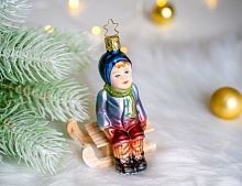 Ёлочная игрушка МАЛЬЧОНКА НА САНКАХ, стекло, 11 см, Inge Glas