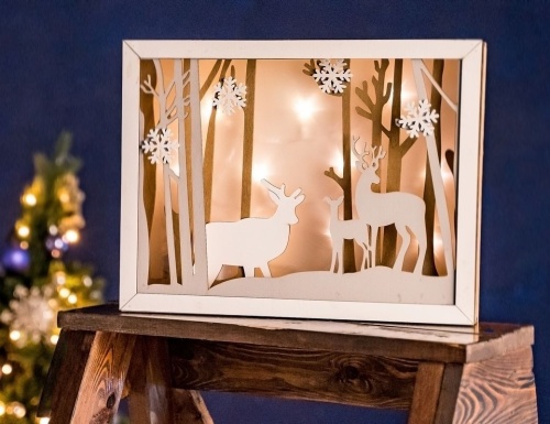 Светящаяся объемная композиция "Олени и снежинки", дерево, тёплые белые LED-огни, 39x5x30 см, Kaemingk
