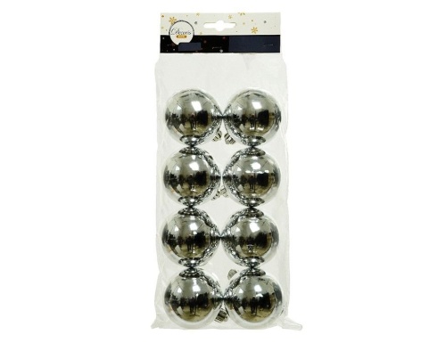 Набор однотонных пластиковых шаров глянцевых, цвет: серебряный, 60 мм, упаковка 8 шт., Kaemingk (Decoris)